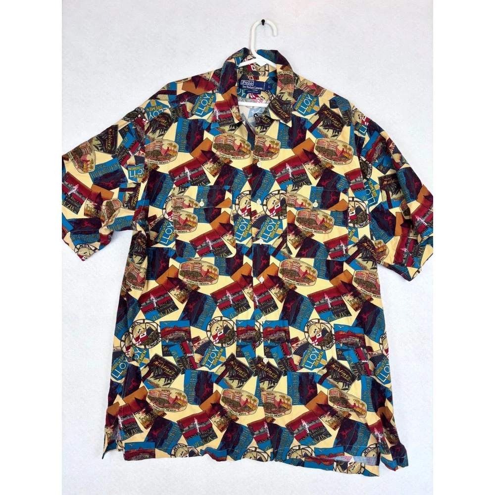 Vintage Polo Ralph Lauren L 100% Rayon Travel Print 90s Resort Short Sleeve
